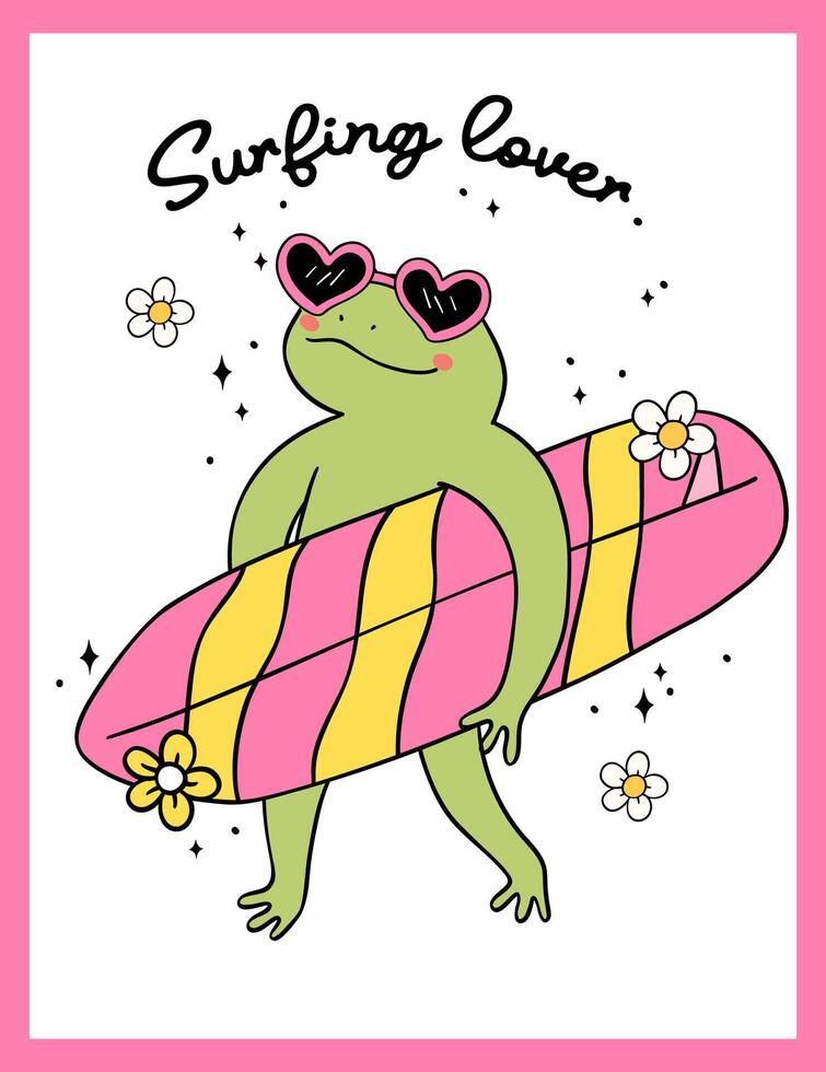 Groovy Retro Summer Frog surfboard cartoon character Summer vibe vector
