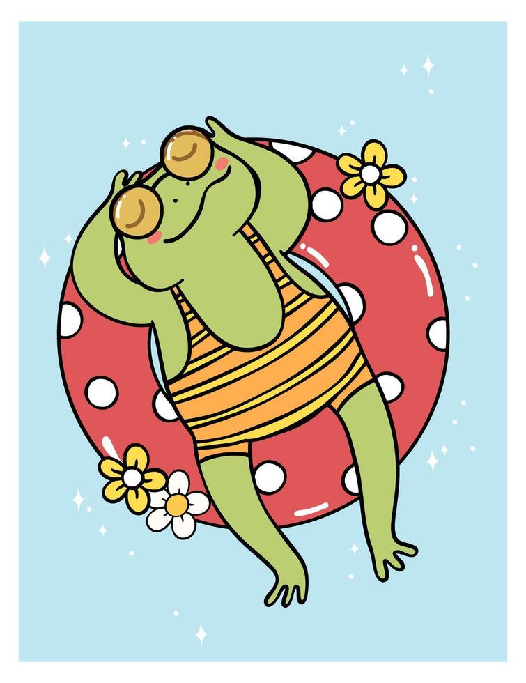 Retro Groovy Summer Frog in swimsuit on beach ring cartoon character Summer vibe doodle vector