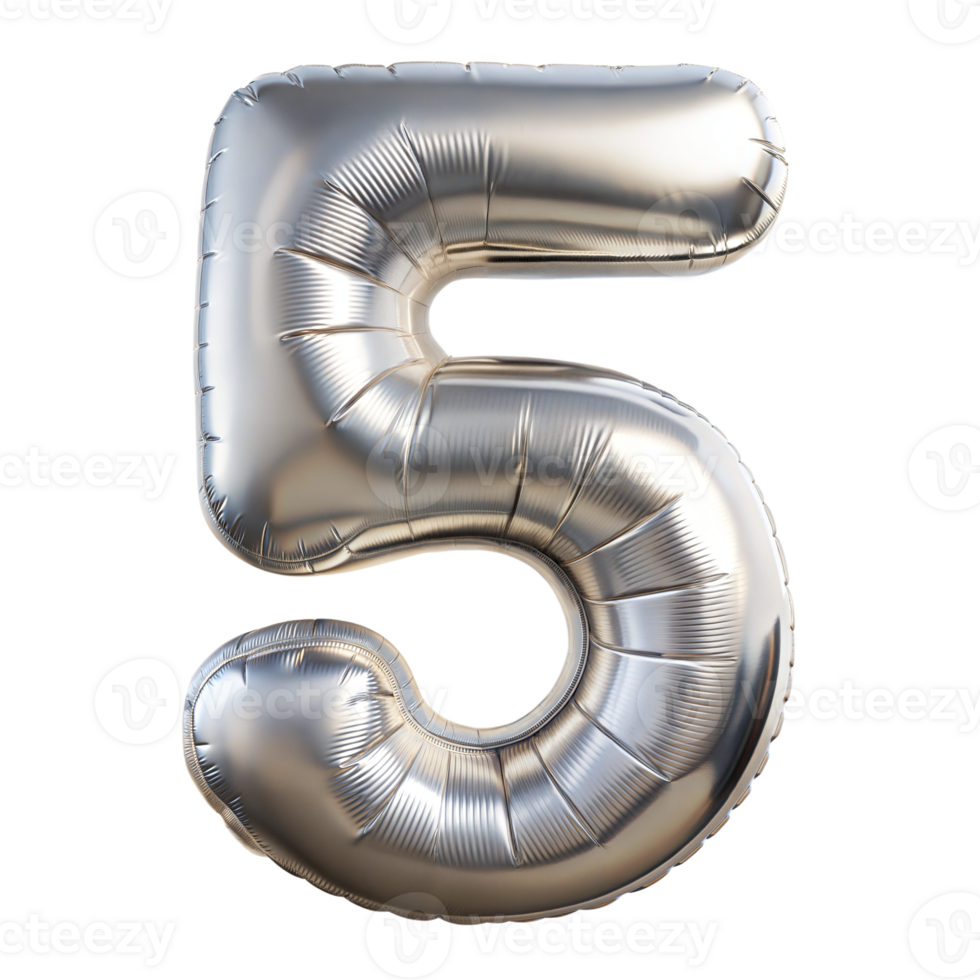 A silver balloon number 5 is floating in the air png
