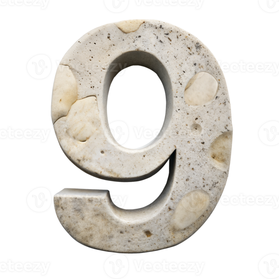 The number nine is made of stone and has a rough texture png
