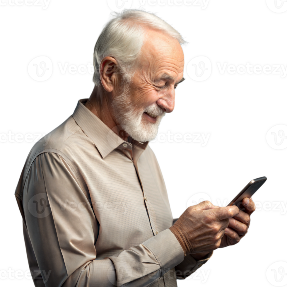 An older man is smiling while holding a cell phone png