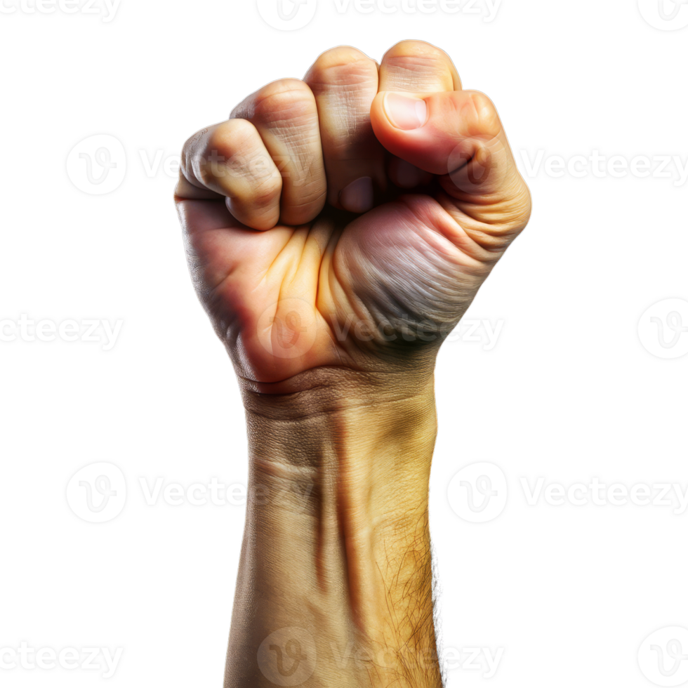 A fist is raised in the air, with the thumb and index finger extended png