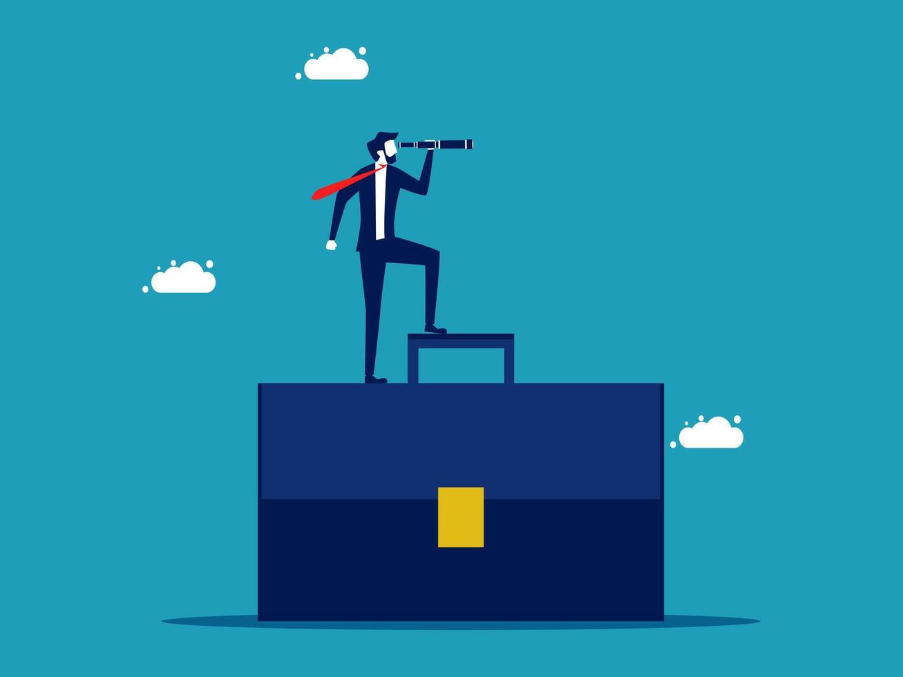 businessman standing on top of a briefcase looking through binoculars vector