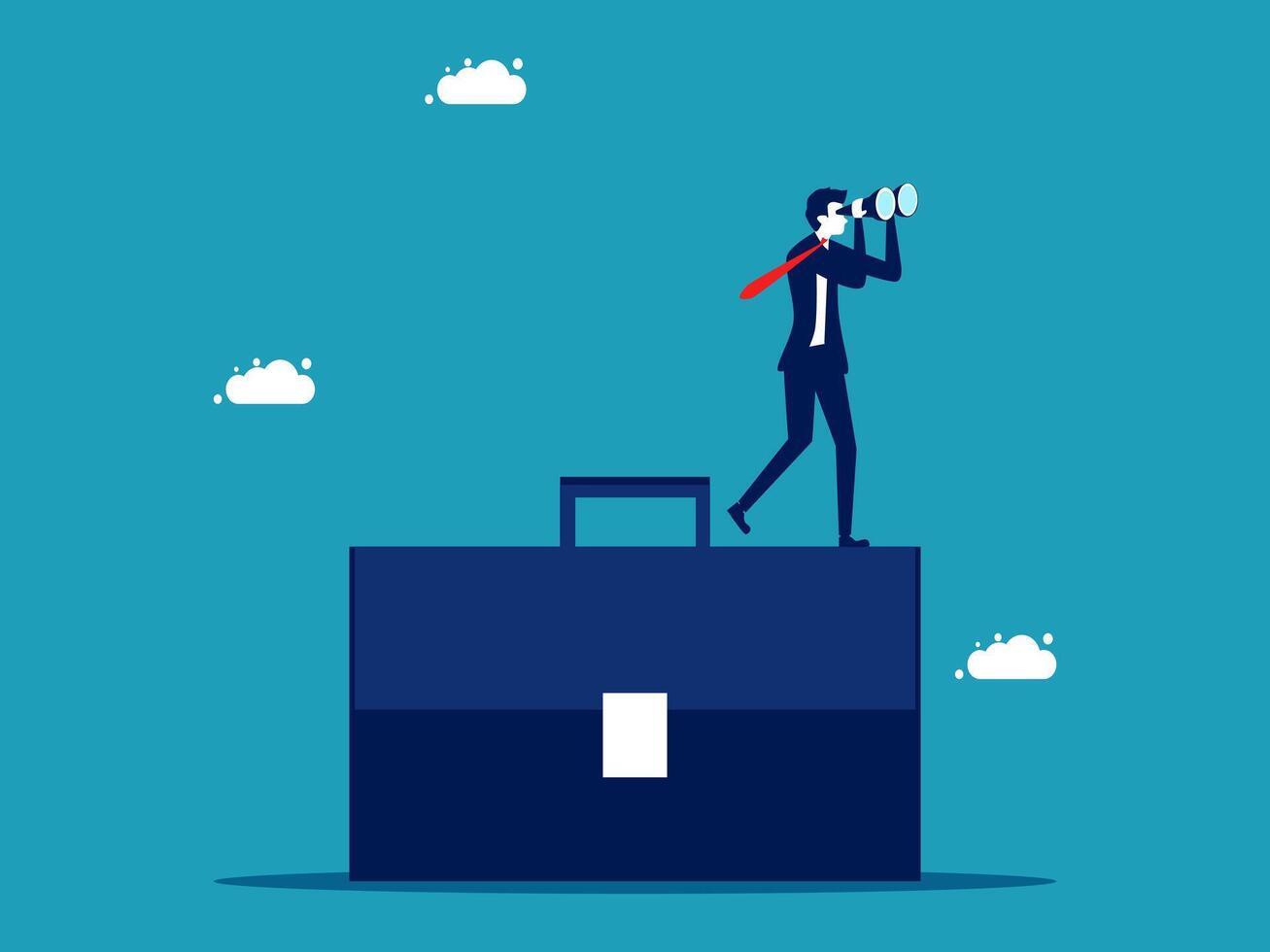businessman standing on top of a briefcase looking through binoculars vector