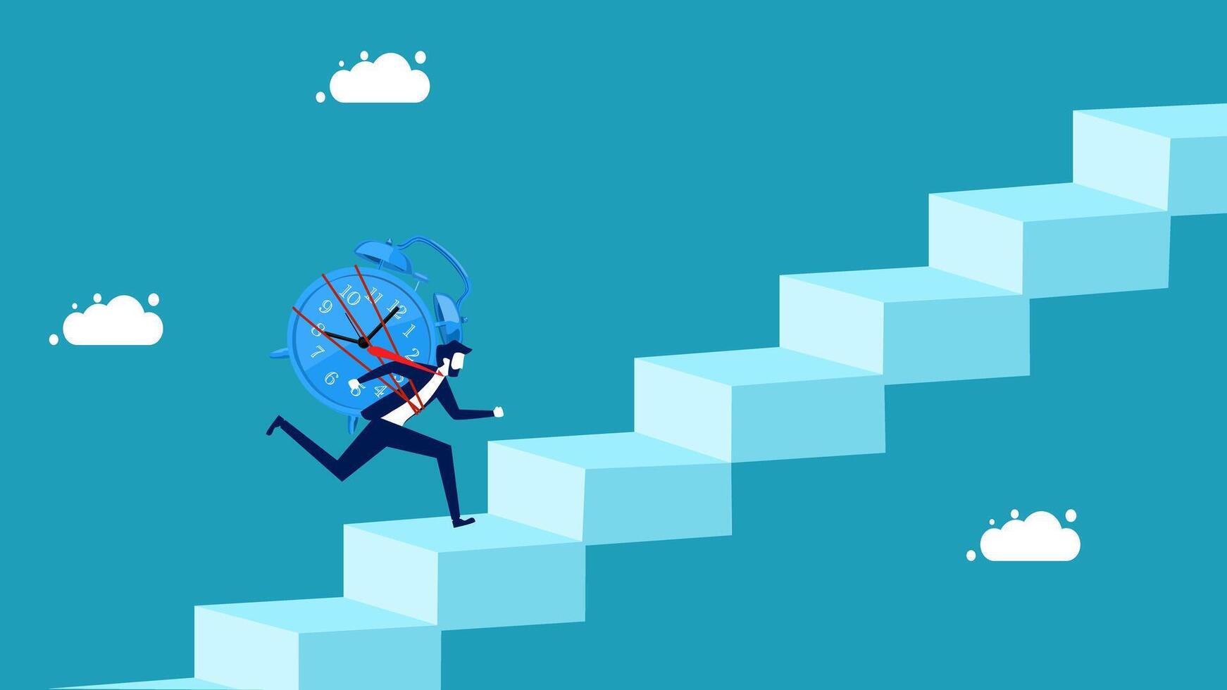 businessman running up stairs with a clock on his back vector