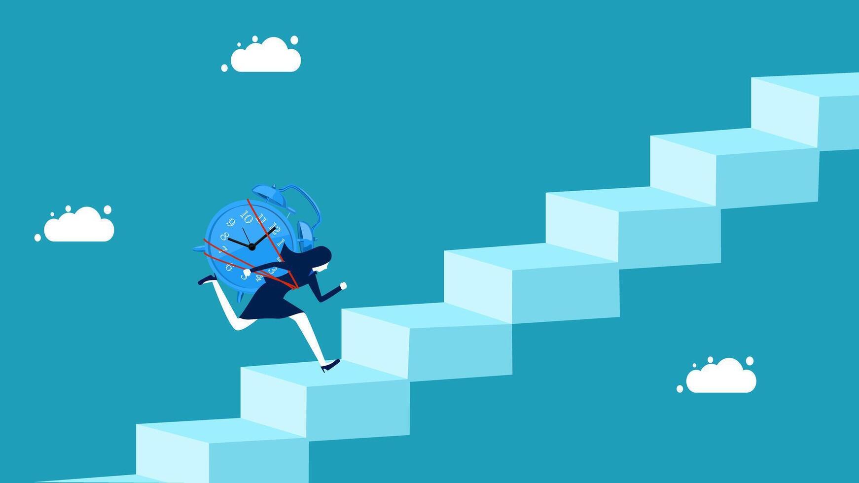 a woman is climbing up a ladder to reach the top of a staircase vector