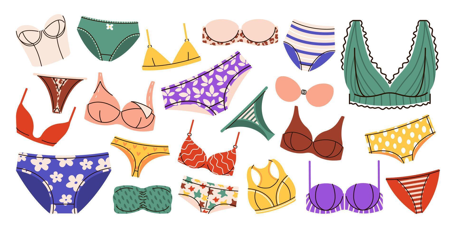 Set of colorful womans underwear. bra and pants collection. vector