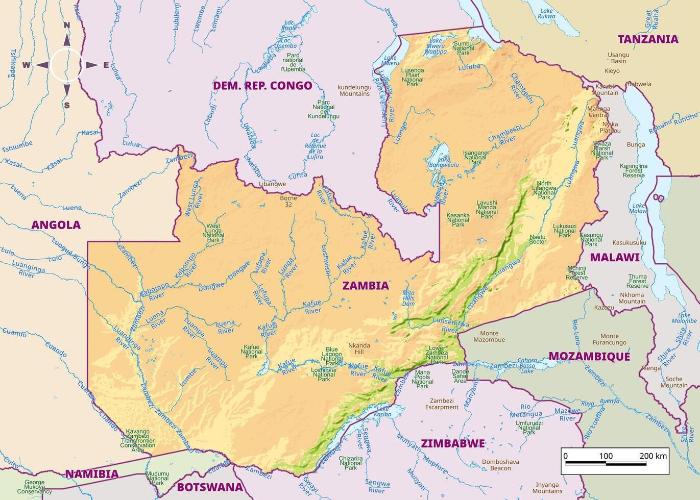 Detailed physical map of Zambia vector