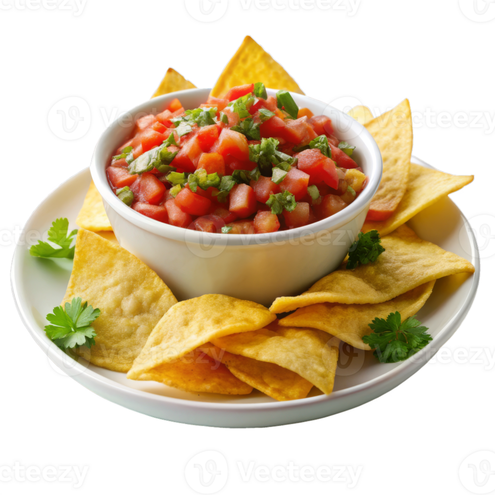 A white plate with a bowl of salsa and chips png
