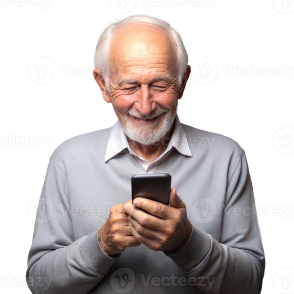 An older man is smiling while holding a cell phone png