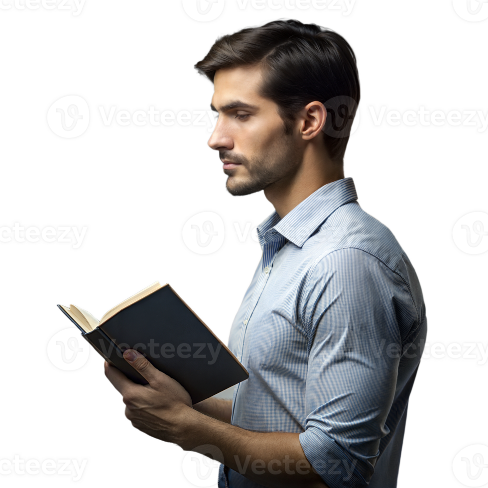 A man is reading a book while wearing a blue shirt png
