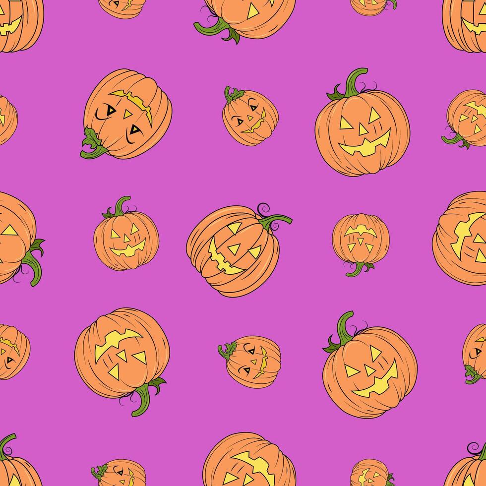 Funny seamless pattern for Halloween on a Raspberry background with a pumpkin vector