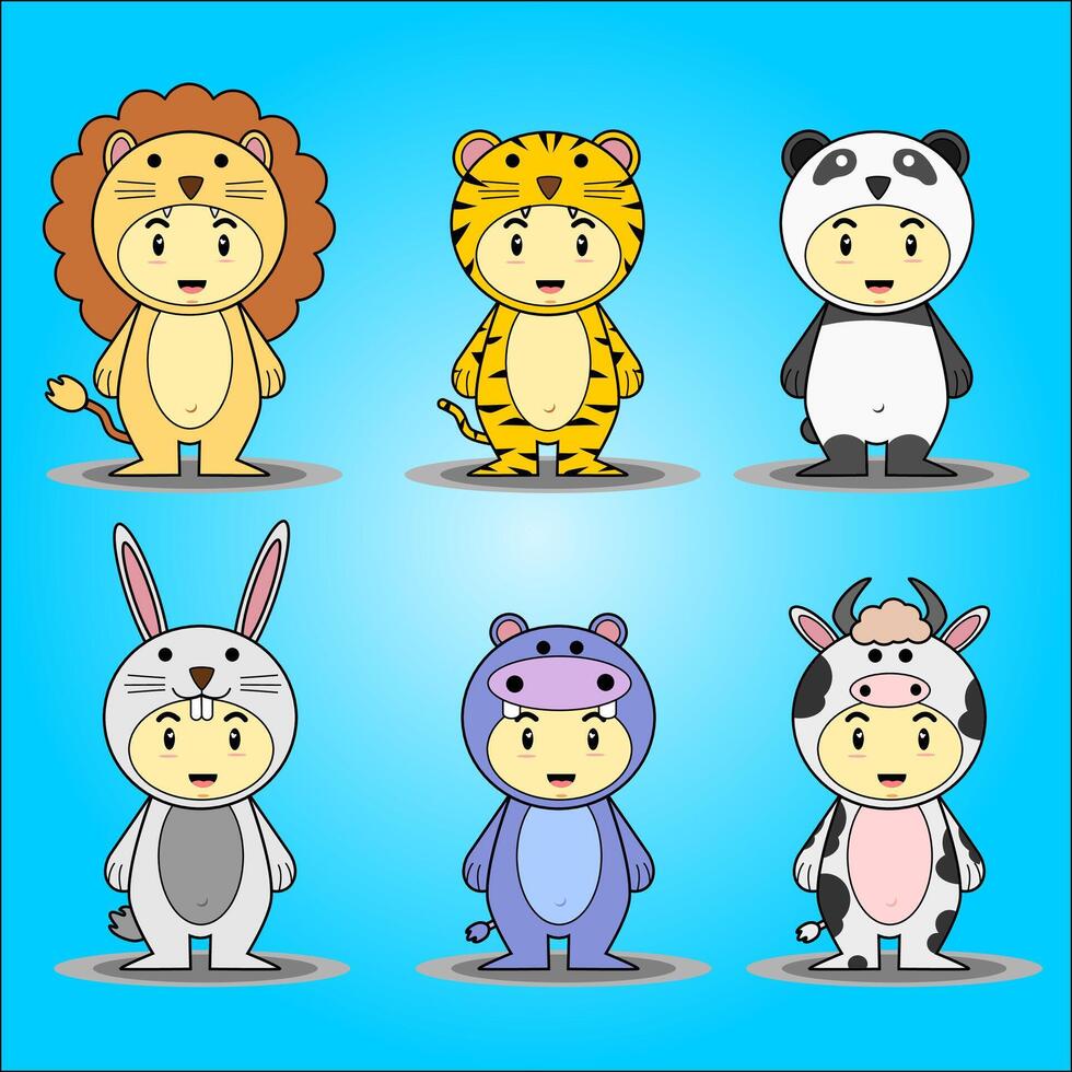 Child mascot with clothes like lion, tiger,panda, rabbit, hippopotamus, and cow, which is interesting and cute on blue background vector