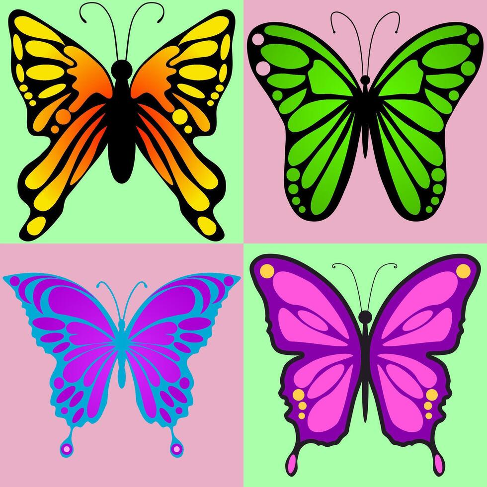 butterfly with various shapes and colors such as black, orange, green and purple vector