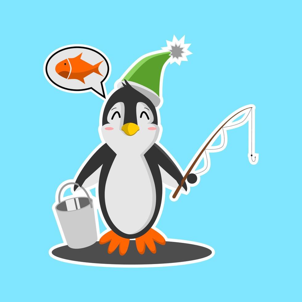 penguins on a fishing trip with buckets and fishing rods are great for printing on clothes vector