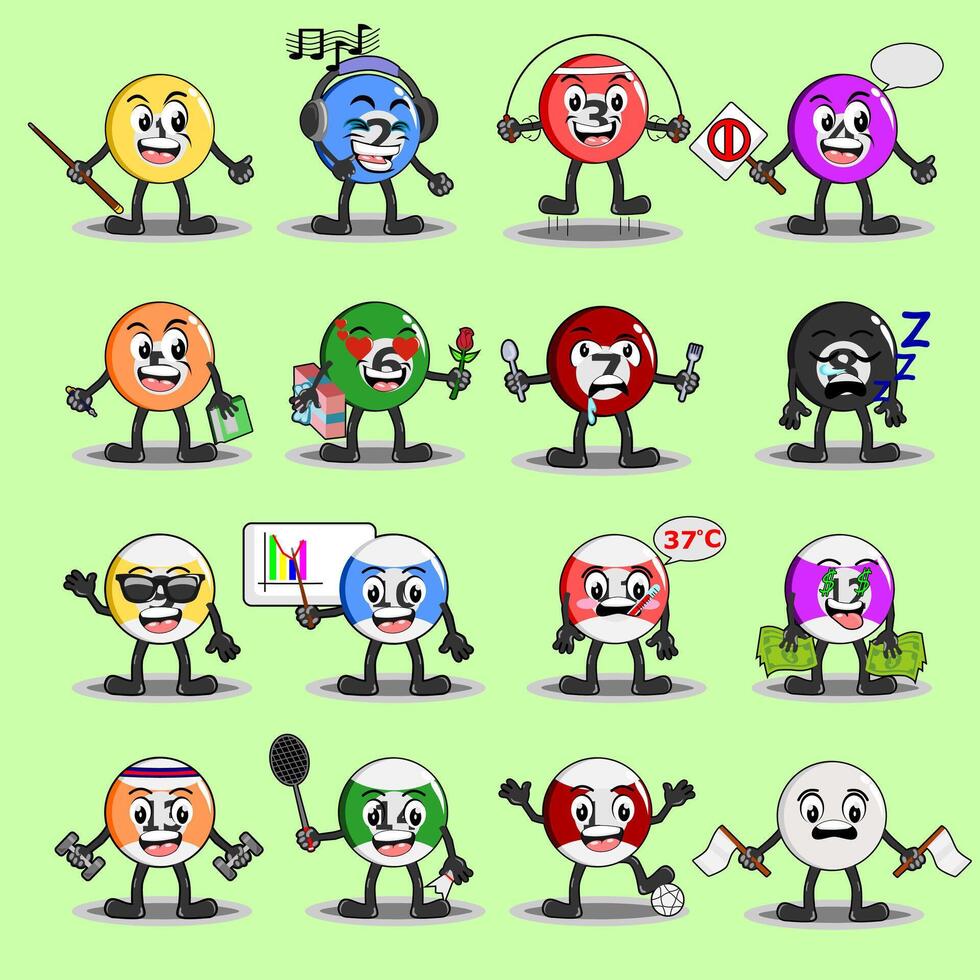 Billiard ball character with various cute expressions and activities on a green background vector