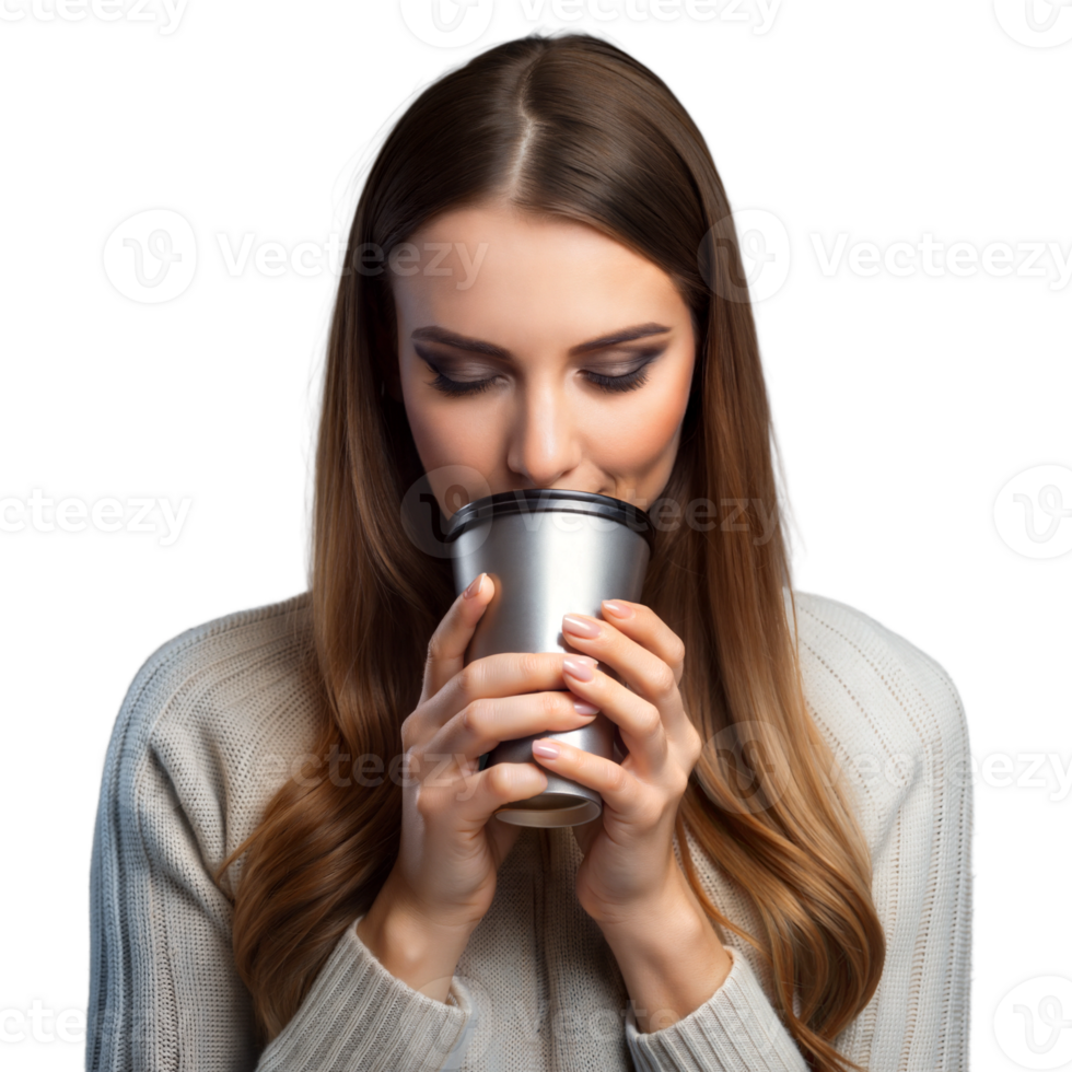A woman is drinking from a cup with a lid png