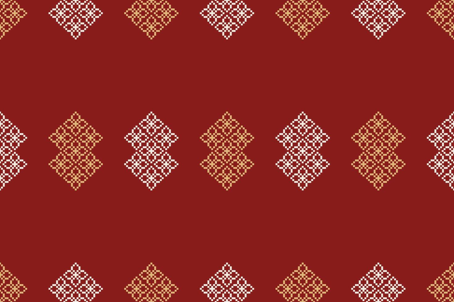 Traditional ethnic motifs geometric fabric pattern cross stitch red background. 22.8.24 5 vector