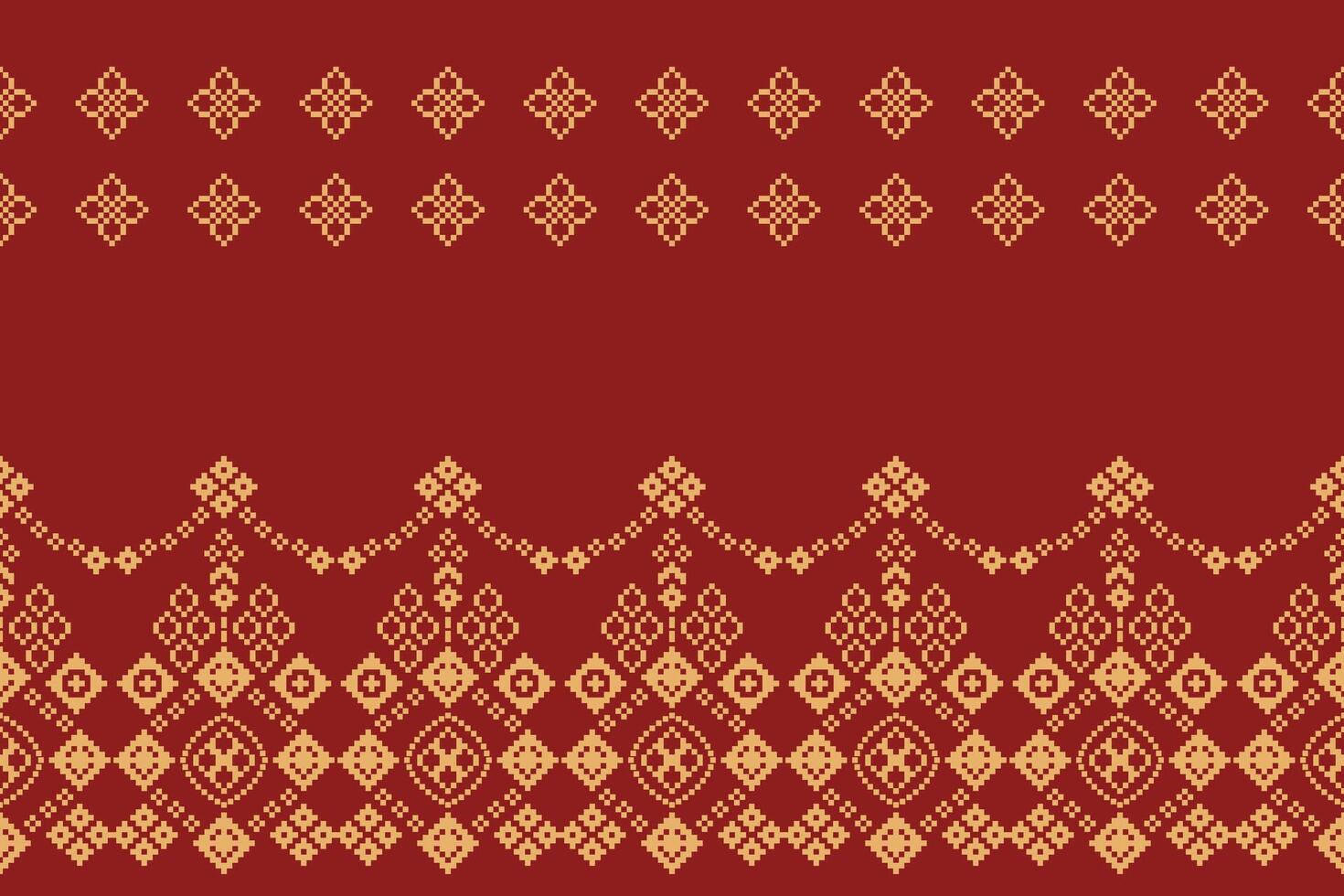 Traditional ethnic motifs geometric fabric pattern cross stitch red background. 22.8.24 4 vector
