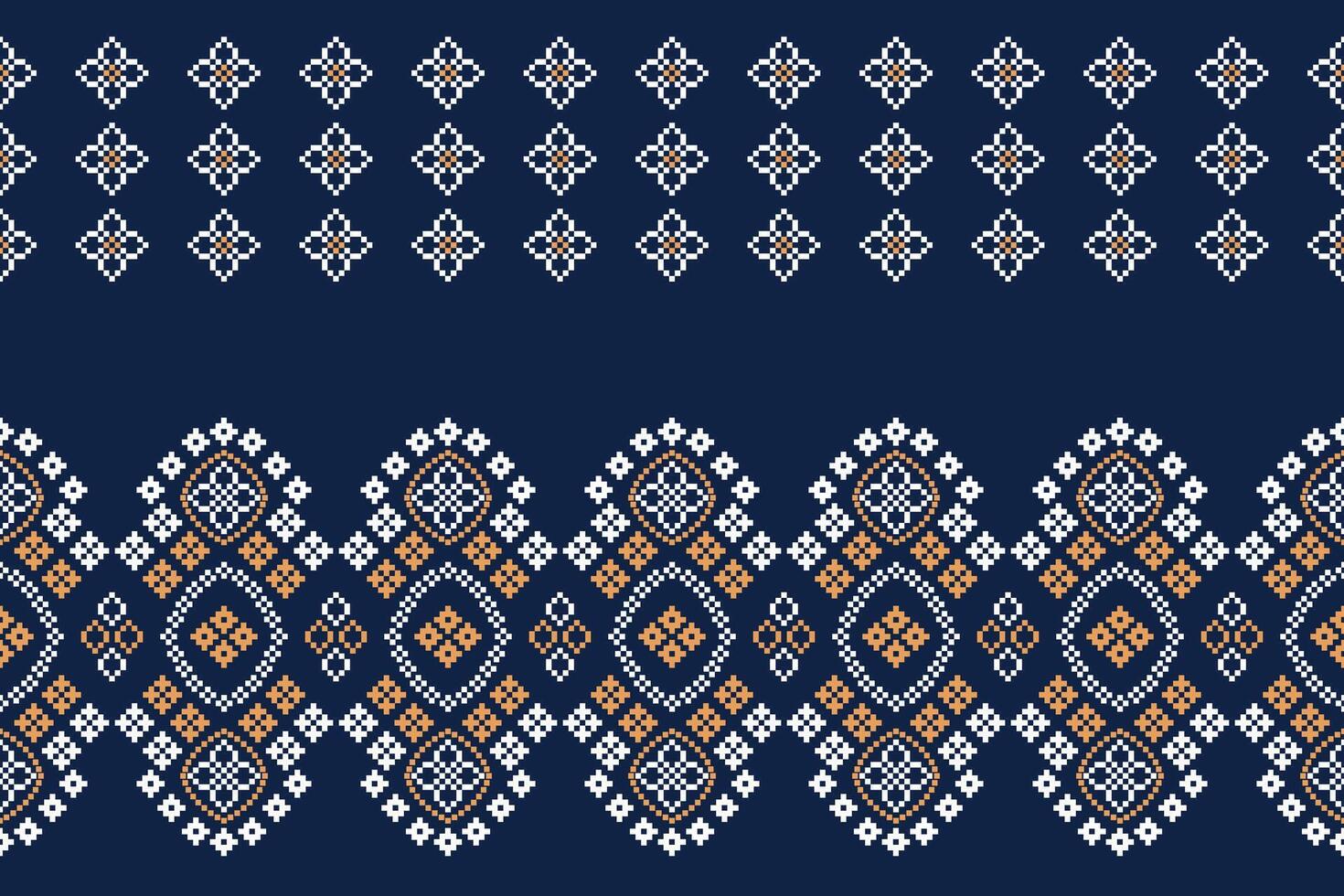 Geometric fabric pattern cross stitch embroidery Ethnic oriental Pixel blue background. 22.8.2024 8 vector