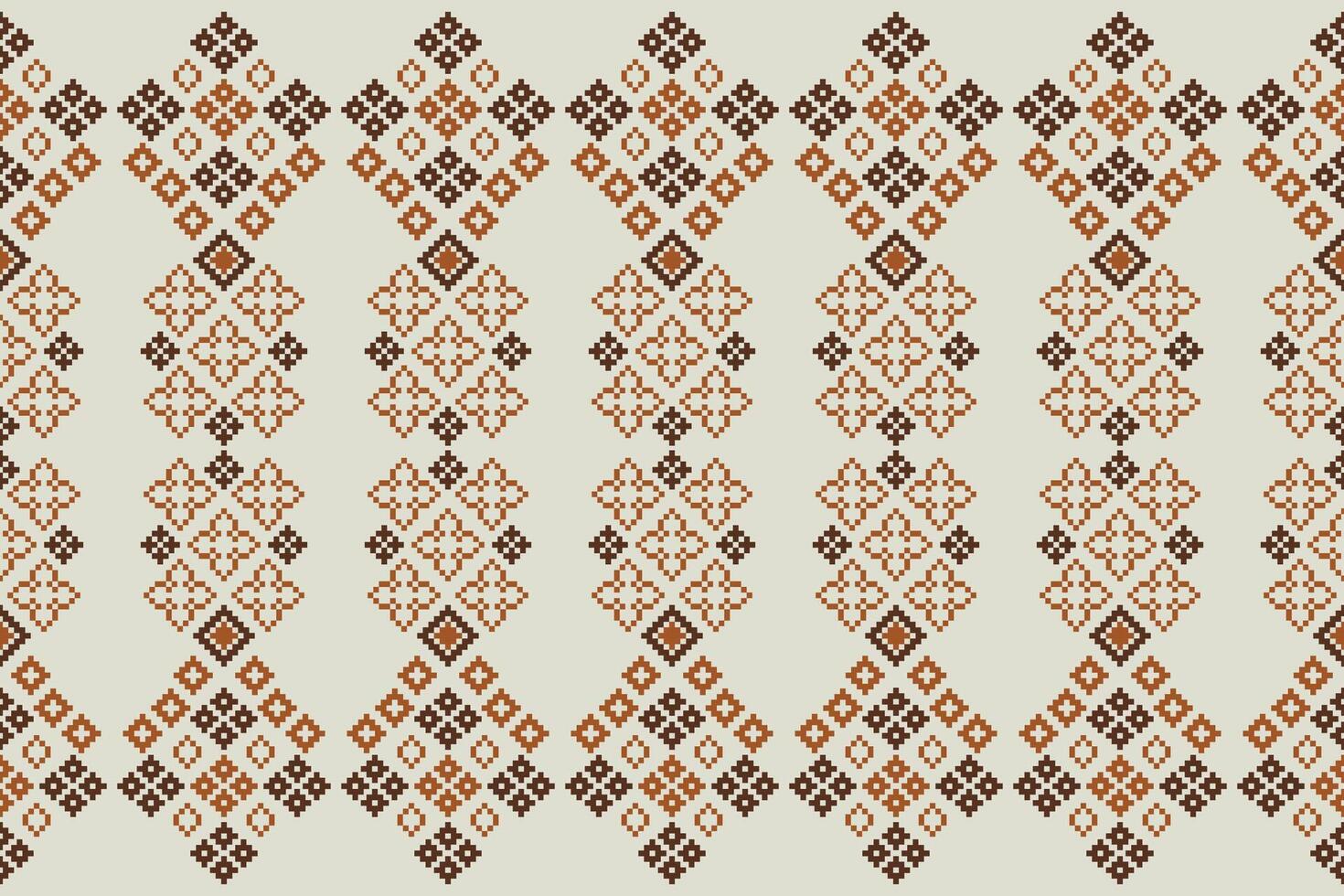 Traditional ethnic motifs pattern cross stitch.Ikat embroidery Ethnic Pixel brown cream label background. 25.8.24 3 vector