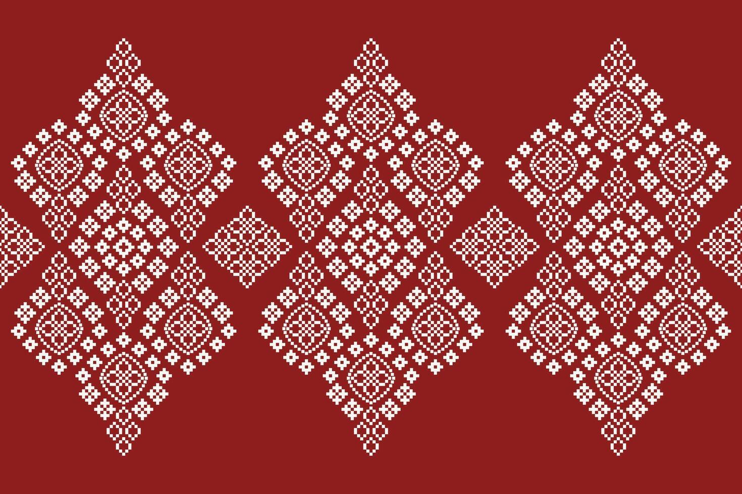 Traditional ethnic motifs geometric fabric pattern cross stitch red background. 22.8.24 2 vector