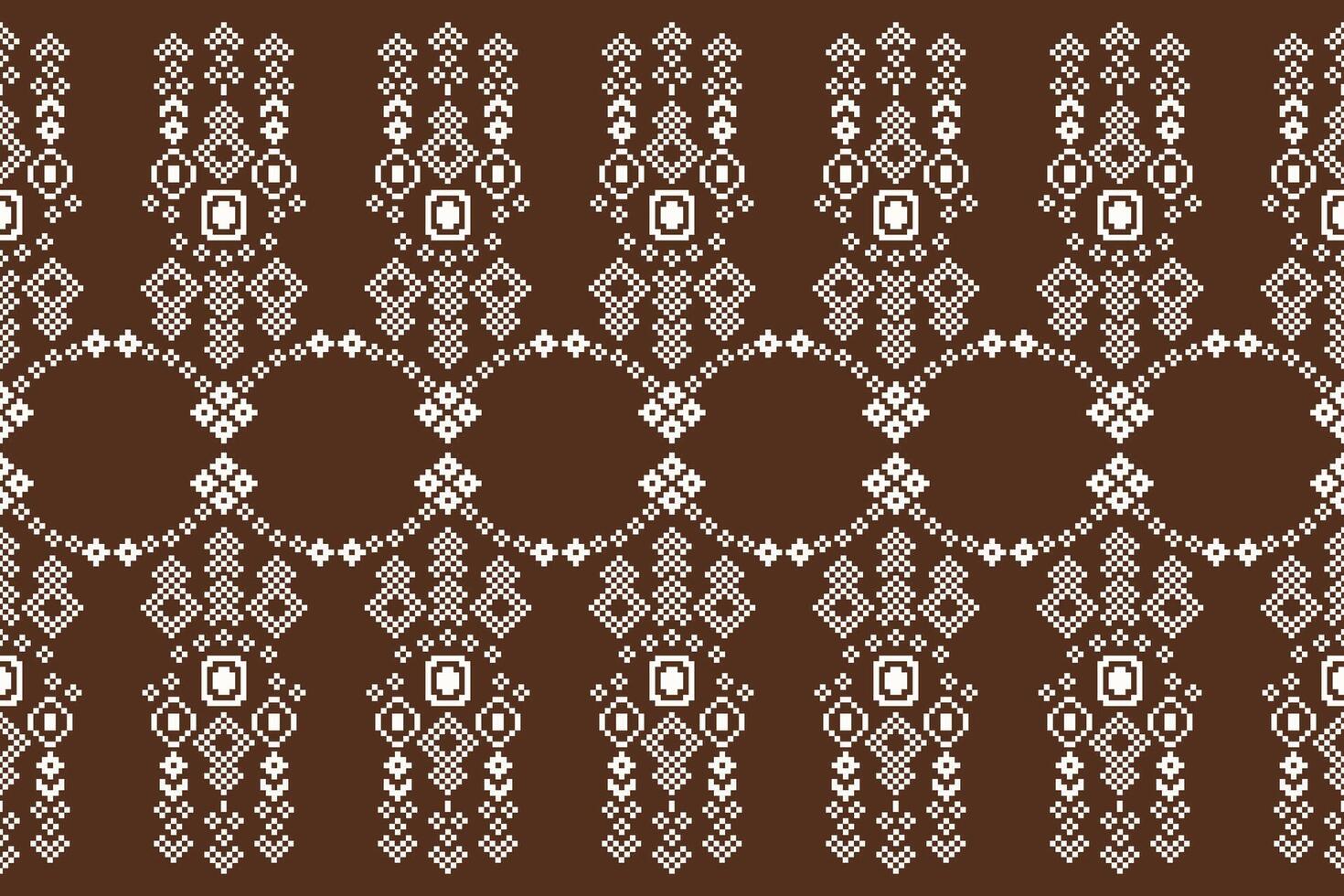 Traditional black ethnic motifs fabric pattern cross stitch Ethnic oriental Pixel brown background. 22.8.24 2 vector