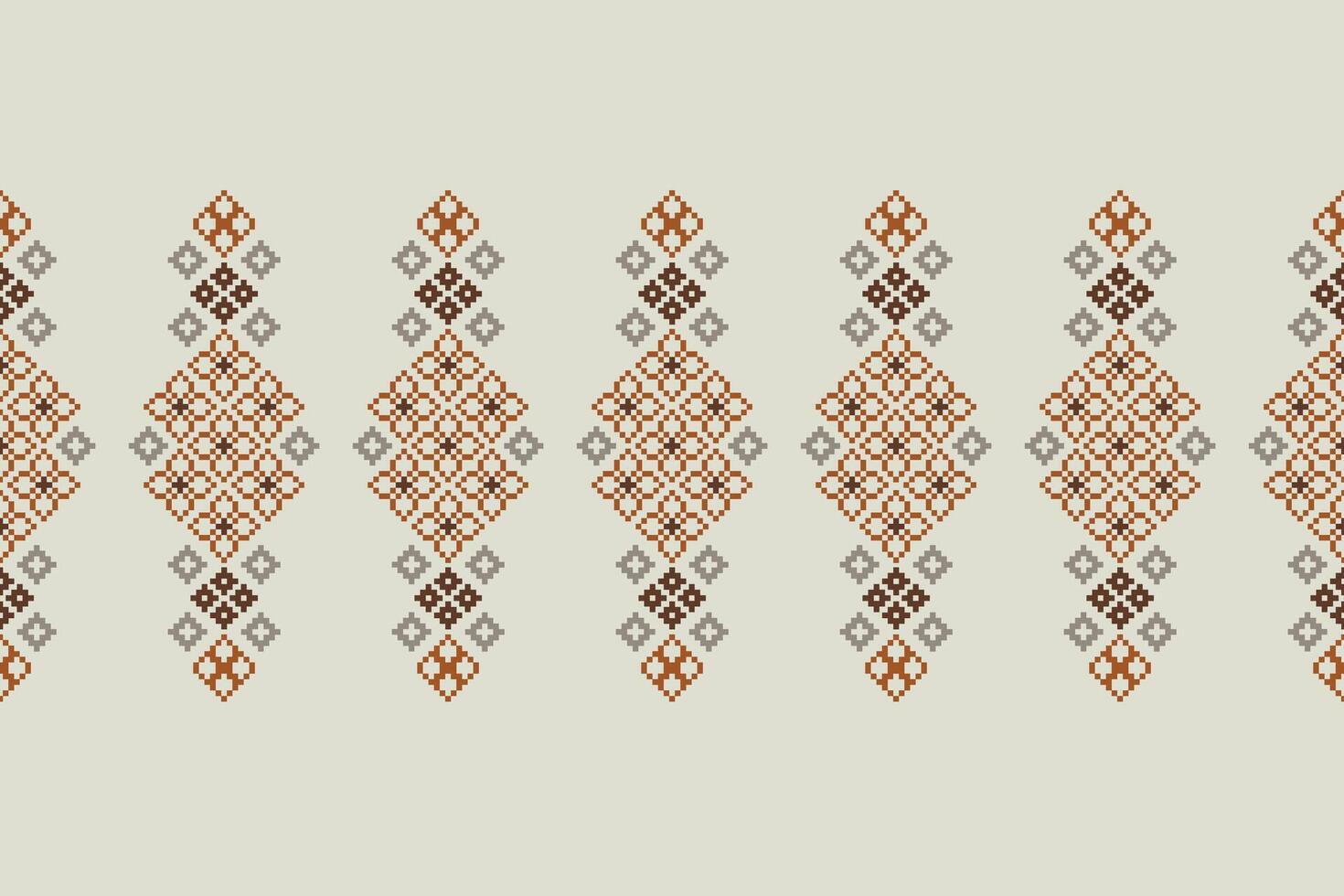 Traditional ethnic motifs pattern cross stitch.Ikat embroidery Ethnic Pixel brown cream label background. 25.8.24 2 vector