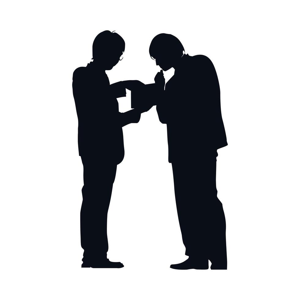 Two colleges students standing and talking with a book vector