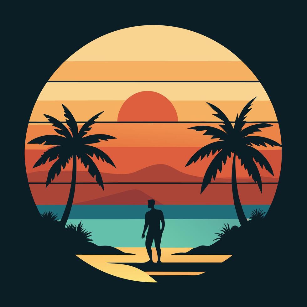 Golden Sunset Behind Silhouette Palm Trees or coconut trees on the Beach vector