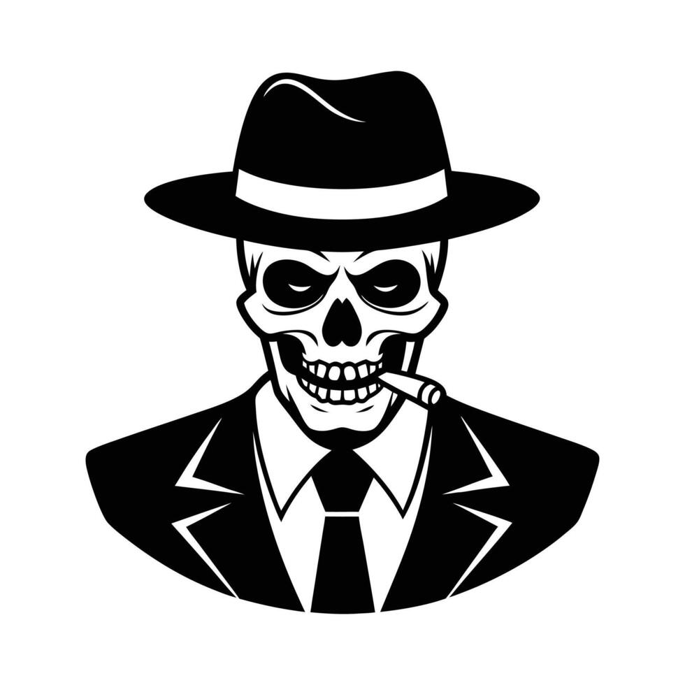 Mafia gangster skull with cigar and wearing a hat vector