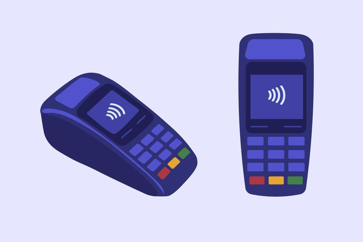 Payment terminal for credit cards, set of two electronic wireless readers, contactless payment terminals in flat cartoon style vector