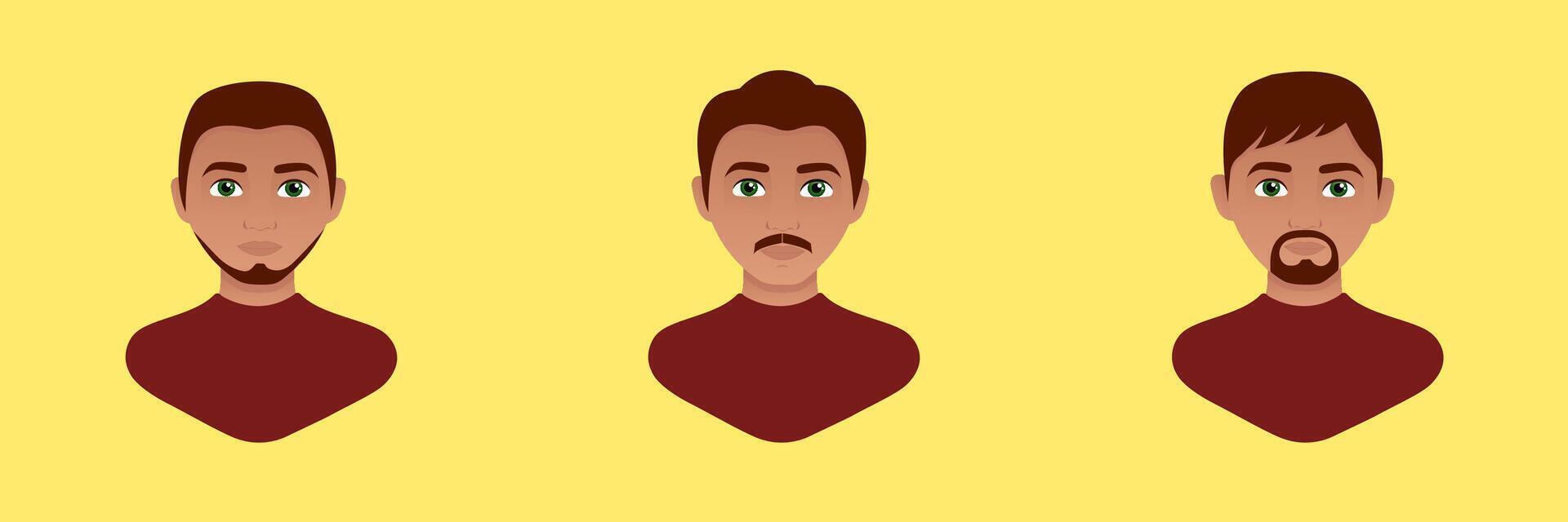 Avatar of a man. Portrait of a man with a beard and different hairstyles. Flat illustration vector