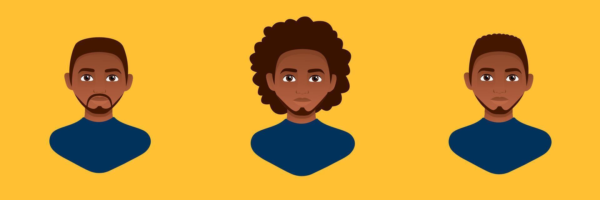 Young Afro-American man with different hairstyles Flat illustration on a yellow background vector