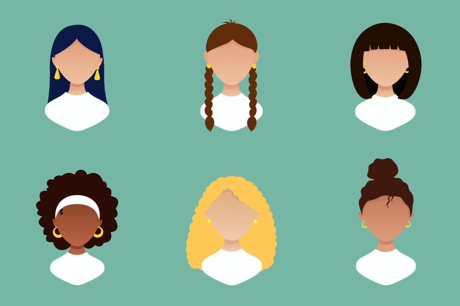 Set of six young women of different races cartoon female characters vector