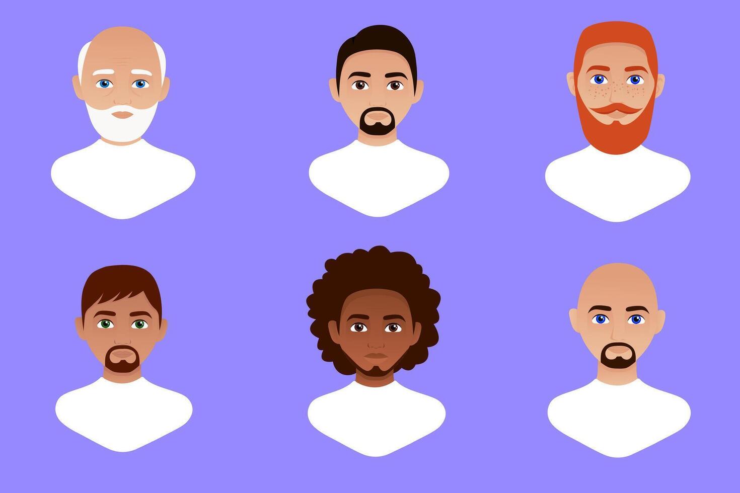 Set of human avatars. Various male face icons. Male characters. User portraits. illustration in flat cartoon style. Men of different races vector