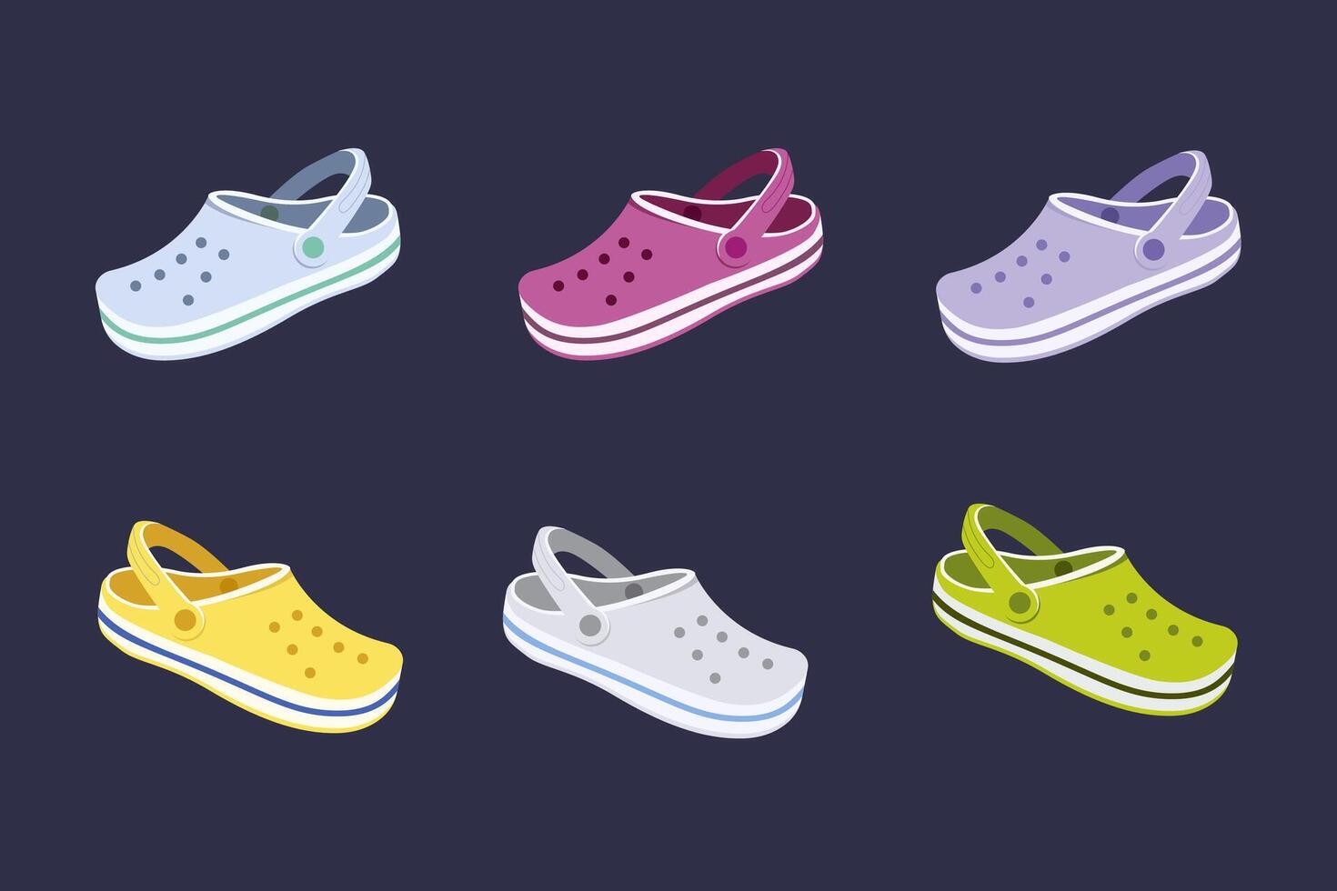 Set of colorful beach shoes. rubber slippers for swimming in the sea and pool. fashionable summer slippers Rubber or foam clogs with durable soles, do not slip. vector