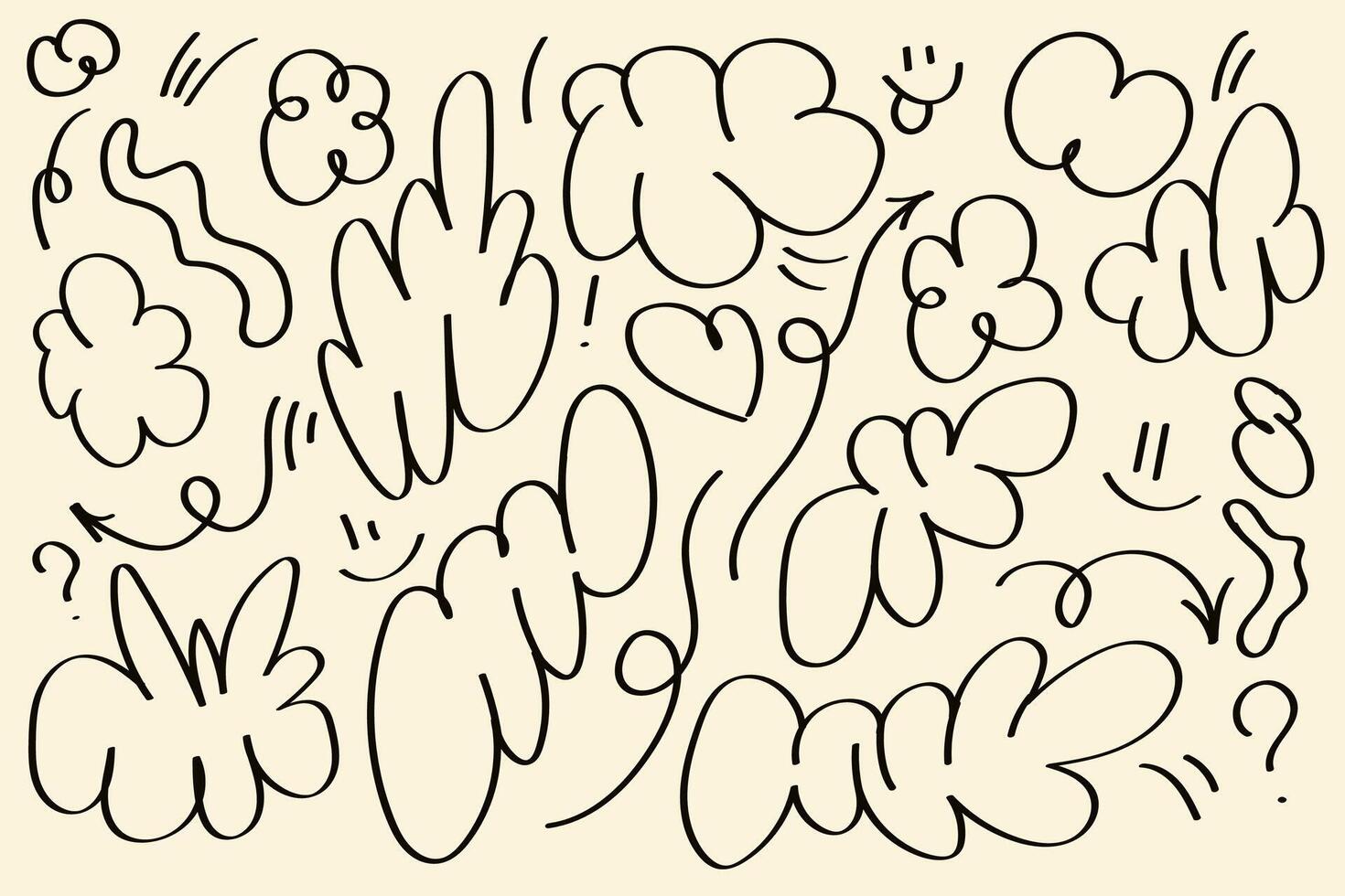 Abstract set featuring floral shapes, intricate doodles and wavy lines. Perfect for retro designs and creative projects. vector