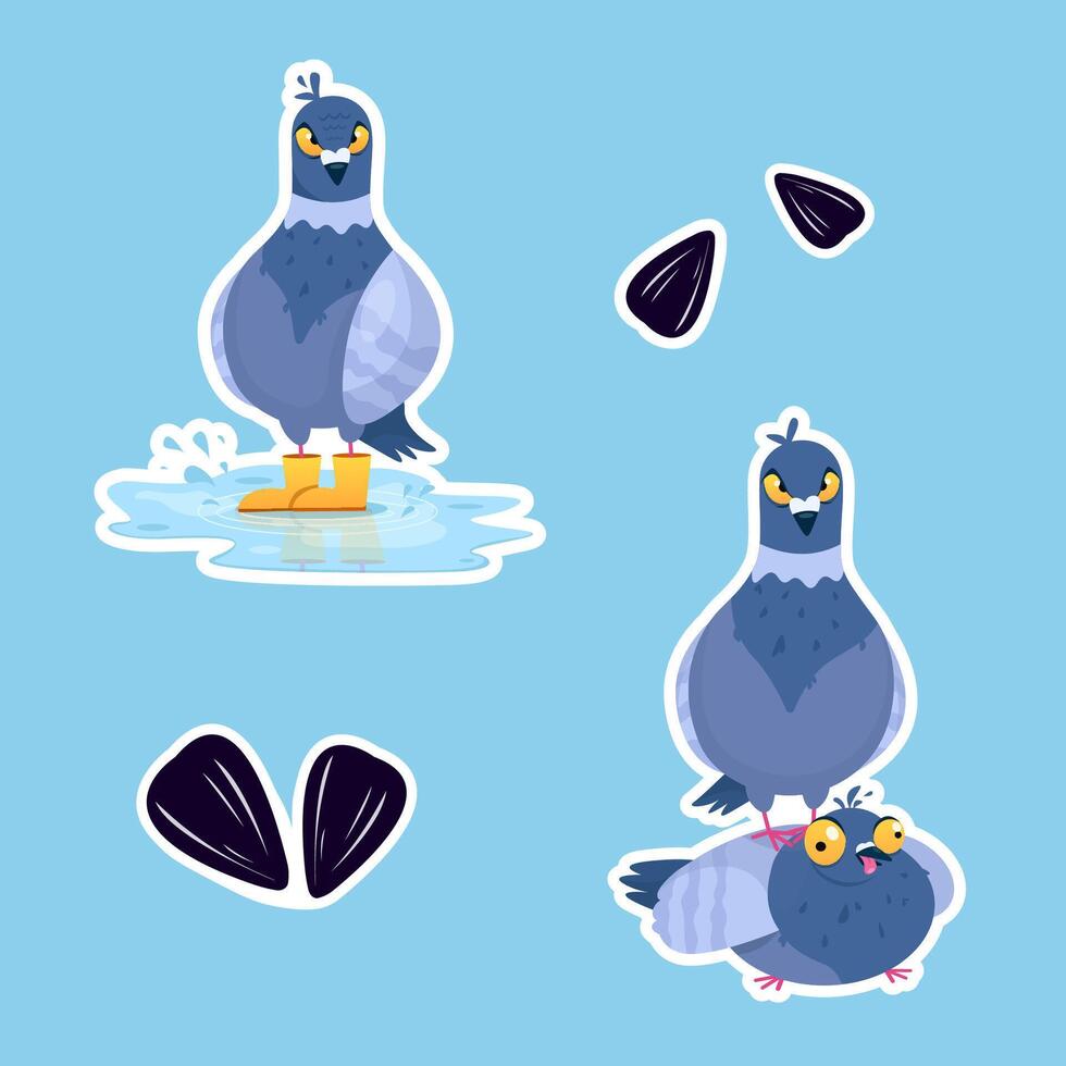 collection of funny stickers with pigeons in cartoon style vector