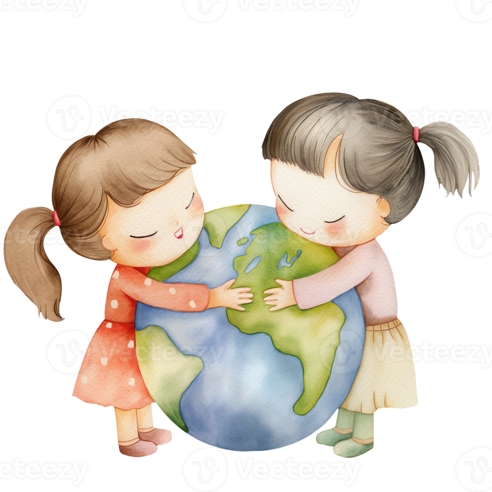 children playing together with planet earth watercolor png