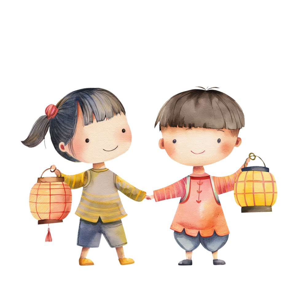 Children holding lanterns watercolor. Mid Autumn concept, suitable for the decorative design of covers, fabric, invitations, weddings, or greeting cards png