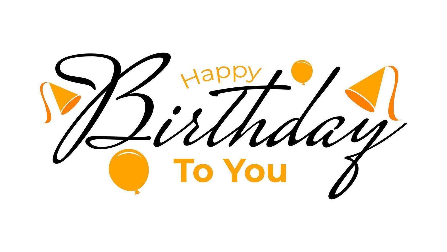 happy birthday typography design in black and orange color with balloons and hats. birthday celebration logo. vector