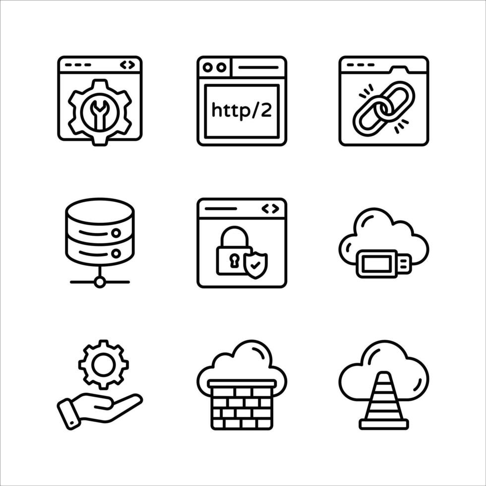 Pack of web hosting icons in modern style vector
