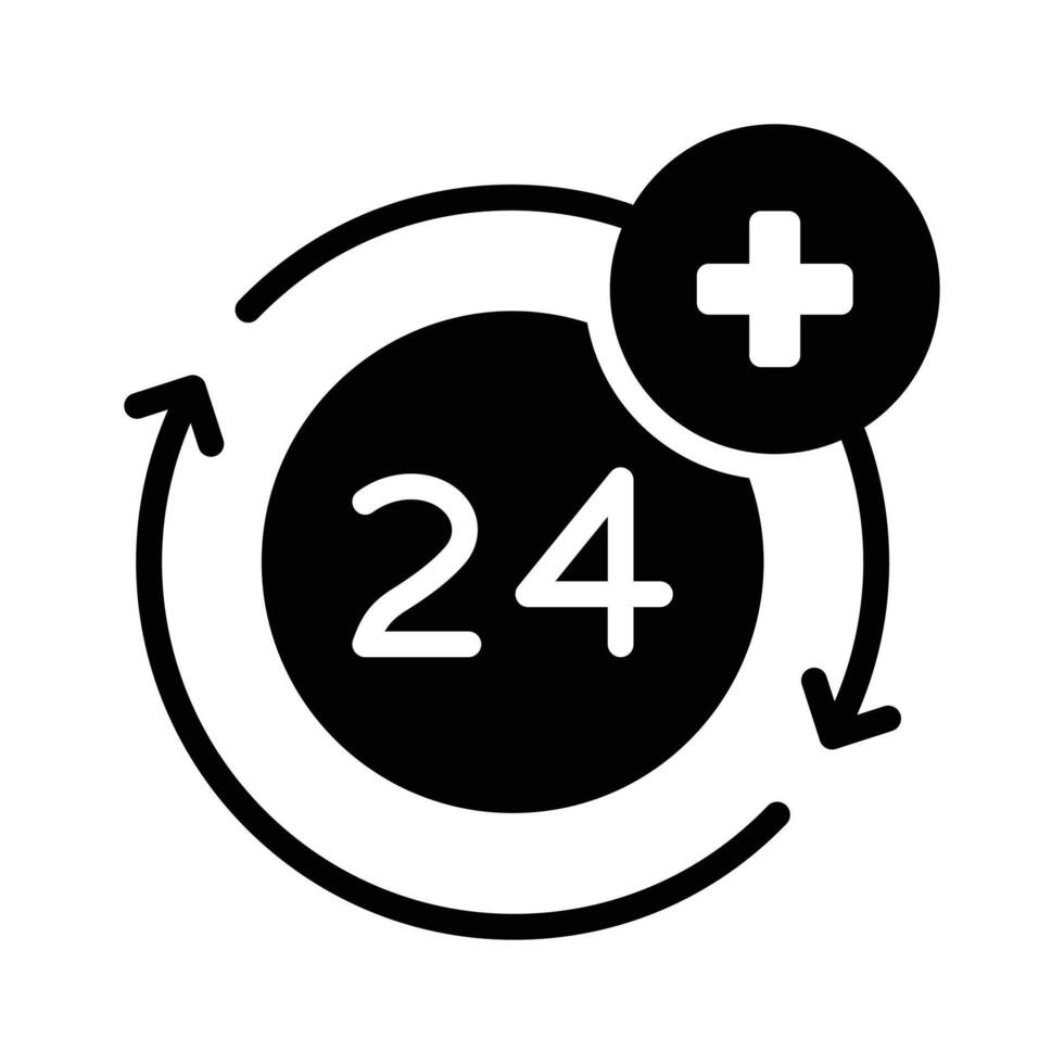 Icon representing 24 hour medical services with a circular arrow and a medical cross vector