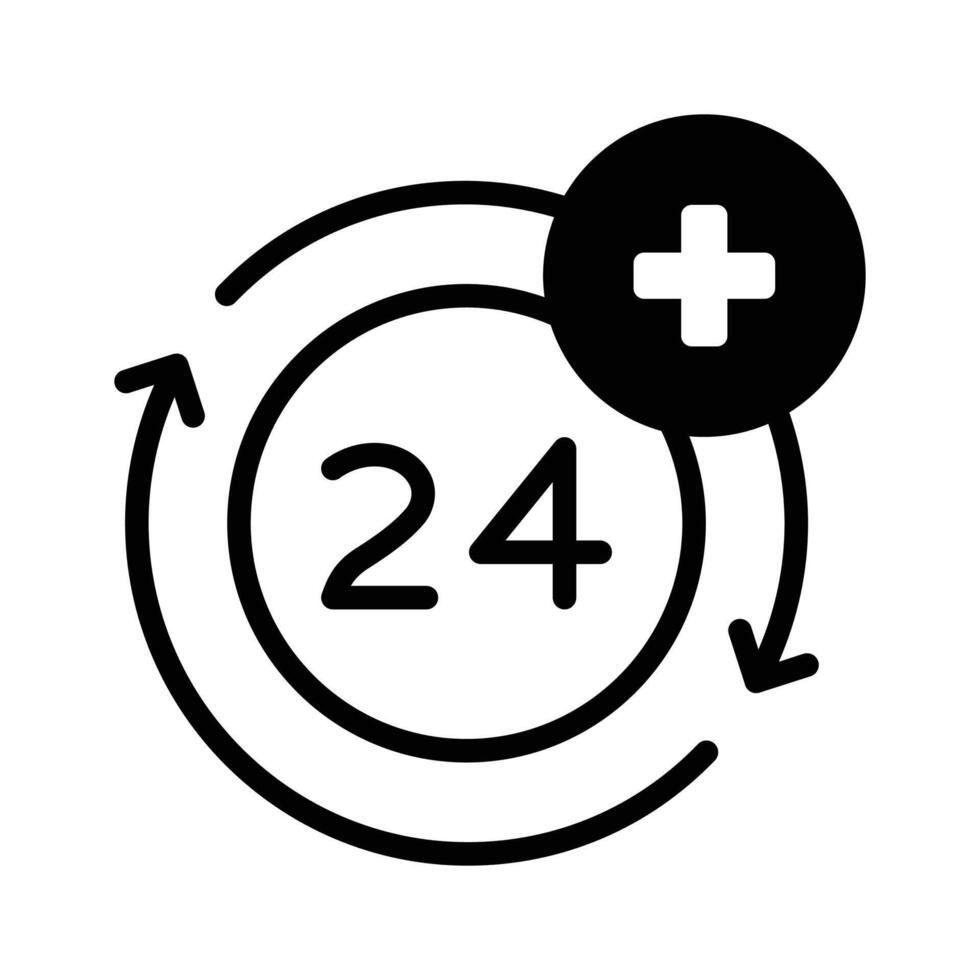 Icon representing 24 hour medical services with a circular arrow and a medical cross vector