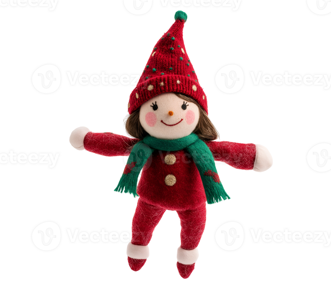 photo of a soft cotton Christmas elf doll with fluffy texture and colorful scarf floating in mid-air on isolated background png