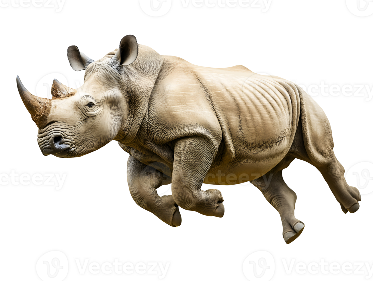 photo of a rhinoceros floating mid-air on isolated background png