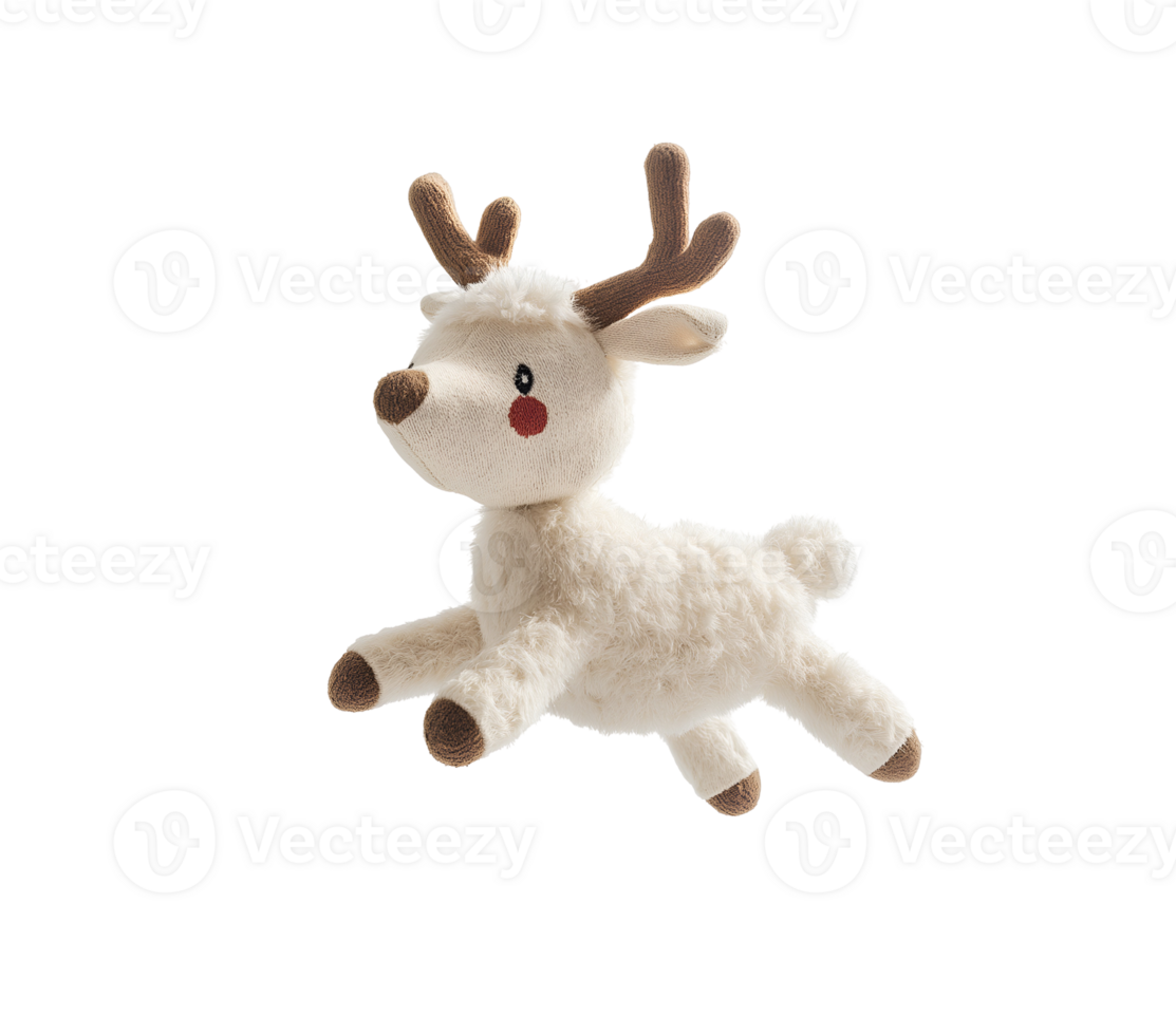photo of a soft cotton reindeer doll with fluffy texture floating in mid-air on isolated background png