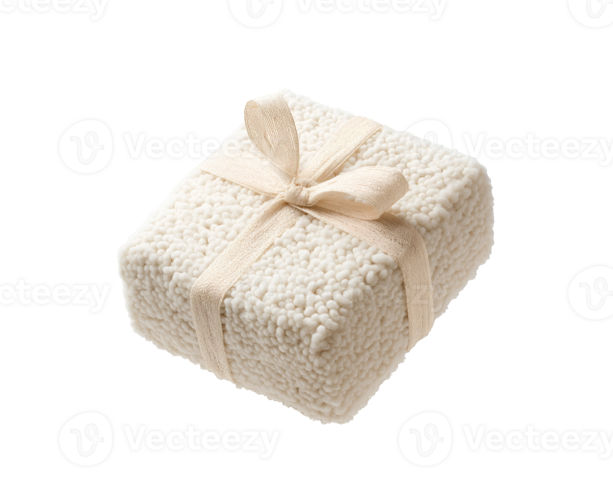 photo of a soft cotton Christmas gift box with fluffy texture and ribbon floating in mid-air on isolated background png