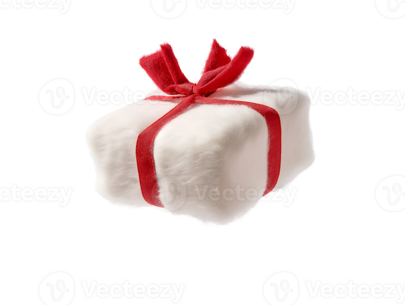 photo of a soft cotton Christmas gift box with fluffy texture and red ribbon floating in mid-air on isolated background png